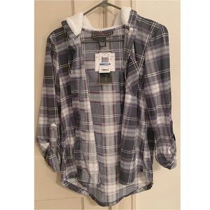 Polly & Esther brand flannel style shirt - faux fur hood - plaid - NWT large
